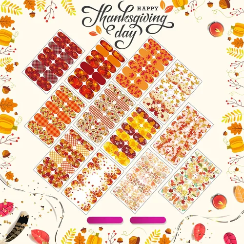 Vista 7 de 12 hojas de calcomanías completas de otoño, tiras de esmalte de uñas de otoño, calcomanías autoadhesivas de arte de uñas de hoja de arce con 2 limas