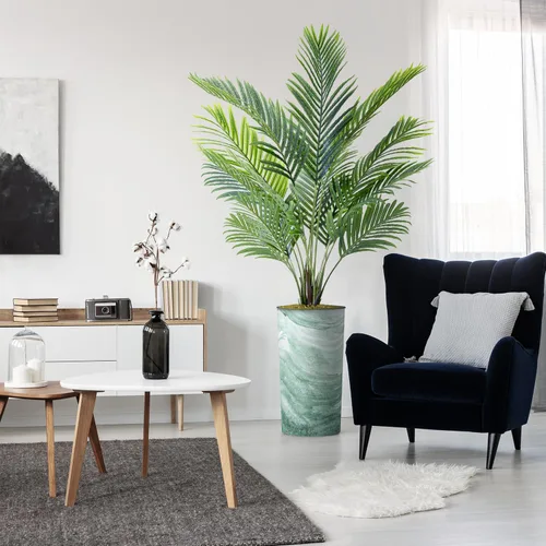 Vista 9 de Árbol artificial con diseño de hojas blancas y negras, palmera tropical areca artificial de seda para decoración del hogar en interiores y Diseño