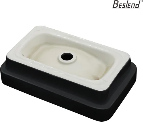 Vista 7 de Fregadero de baño de recipiente, semiempotrado, blanco y negro, 19 x 12 pulgadas, sobre encimera, fregaderos de cerámica rectangulares, encimera