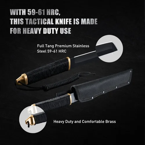 Vista 3 de Leopcito Cuchillos tácticos japoneses de hoja fija de 11.5 pulgadas con funda, acero inoxidable negro supervivencia caza bushcraft cuchillo tanto