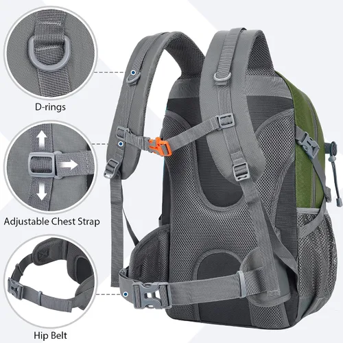 Vista 6 de Mochila de senderismo de 30 L, ligera, mochila de viaje pequeña para hombres y mujeres, para acampar al aire libre, mochilero, verde militar