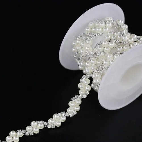 Vista 11 de Jerler Cadena de diamantes de imitación de cristal de 1 yarda, cuentas de perlas incrustadas para decoración de bricolaje y adornos de novia, ideal