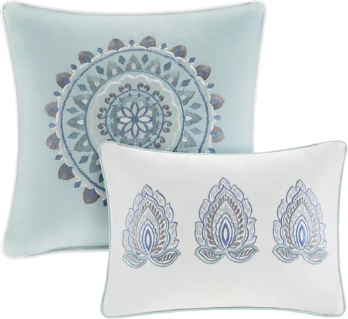 Vista 16 de Madison Park Juego de temporada, falda de cama a juego, almohadas decorativas, Queen (90 x 90 pulgadas), Isla, medallón floral azul, 8 piezas
