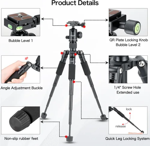 Vista 2 de Koolehaoda - Mini trípode de mesa de 20 pulgadas con cabezal de bola de 360°, portátil, color negro Aluminum Desktop Tripod Stand, Load up to