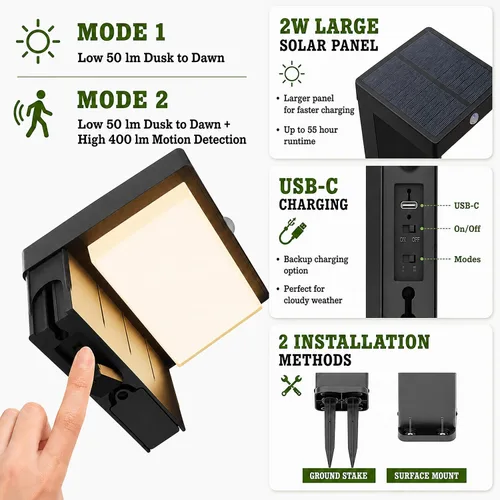 Vista 4 de Luces solares de sendero - Luces solares para pasarela para exteriores - Sensor PIR y dos modos de iluminación - Batería recargable que dura hasta