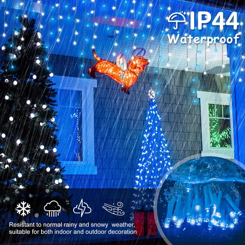 Vista 4 de Luces de carámbano para decoración al aire libre, 300 LED, 33 pies, 8 modos, cortina de luces con 50 gotas, tira de luces LED para interiores