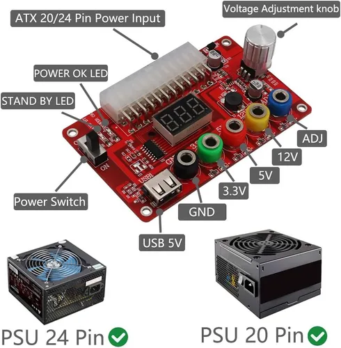 Vista 4 de Nueva versión ATX Fuente de alimentación Breakout Board y kit de estuche acrílico con perilla de voltaje ajustable ADJ, soporta 3.3V, 5V, 12V