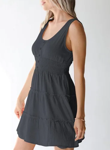 Vista 3 de Dokotoo Vestidos de verano para mujer, sin mangas, con botones, cintura elástica, volantes, escalonados, casual, con vuelo, mini vestido