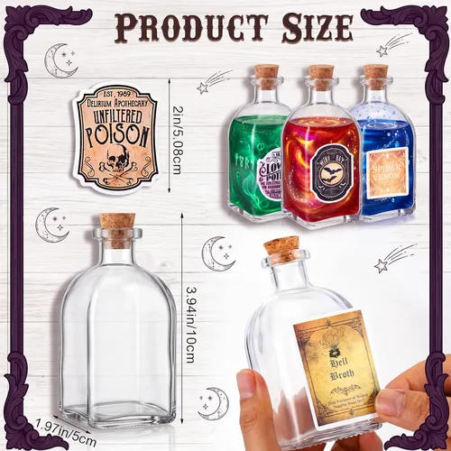 Vista 2 de Baderke 24 botellas de poción de vidrio de Halloween con calcomanías