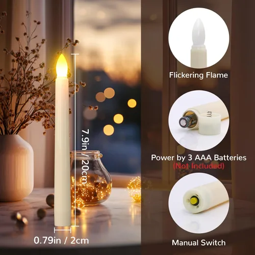 Vista 2 de PChero - Velas LED sin llama con temporizador remoto, 7.9 pulgadas, color marfil Funciona con pilas, flotante, parpadeante, boda, Halloween, 6