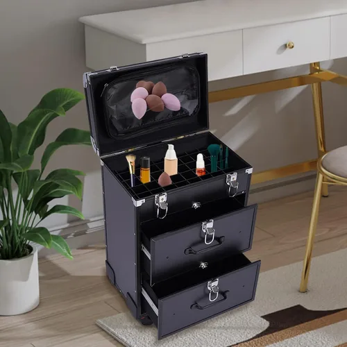 Vista 2 de Caja de almacenamiento de la carretilla del viaje del cosmético del caso del maquillaje del, Negro -, Moderno