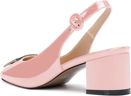 Vista 7 de WAYDERNS Zapatos de tacón bajo grueso de 2 pulgadas con hebilla rectangular de metal dorado para mujer, Oro