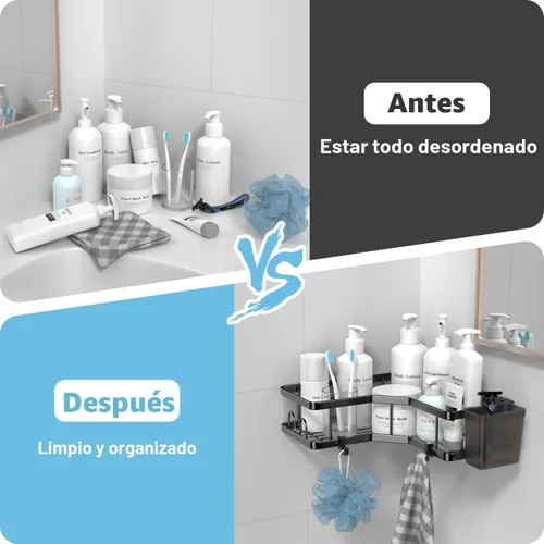 Vista 5 de AKTECKE Organizador de esquina para ducha, paquete de 2 estantes organizadores de esquina de ducha adhesivos, estante de almacenamiento de ducha