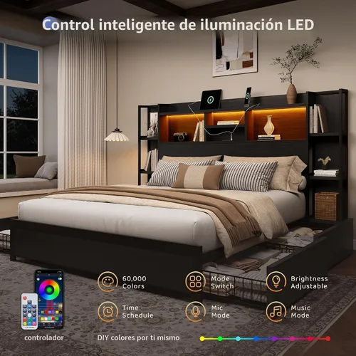 Vista 4 de BRELTAM Base de cama tamaño Queen con 4 cajones de almacenamiento y cabecero con almacenamiento de estantes, marco de cama de plataforma de madera