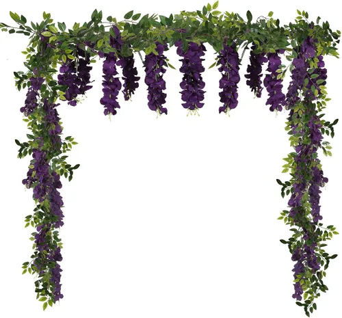 Vista 9 de Flores artificiales de seda, guirnalda de glicina de seda, 2 unidades, 5.91 pies, enredaderas de glicina falsas, champán, glicina artificial, vid