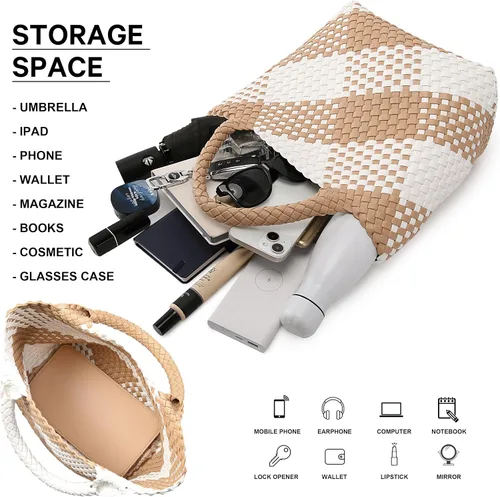 Vista 4 de Bolso tejido para mujer, bolso tote de cuero vegano grande para verano, playa, viaje, bolso de mano y cartera retro hecho a mano, bolso de hombro