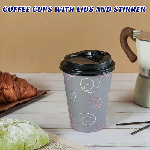 Vista 6 de TV TOPVALUE Paquete de 100 vasos de papel de 12 onzas, tazas de café desechables con tapas y pajitas para agua potable, té, utilizado para el hogar