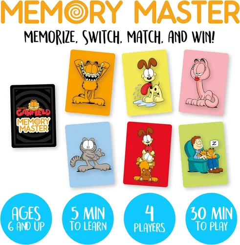 Vista 2 de AQUARIUS Garfield Memory Master Card Game – Divertido juego de fiesta familiar para niños, adolescentes y adultos – Regalo de noche de juego