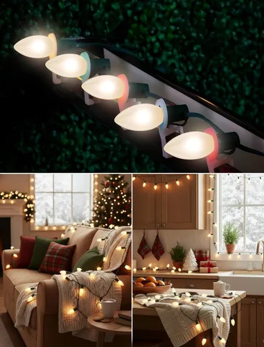 Vista 5 de Luces de Navidad blancas cálidas de 25 pies para exteriores, luces de Navidad blancas esmeriladas con 26 bombillas incandescentes (1 repuesto), luz