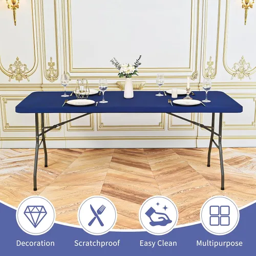 Vista 5 de Paquete de 12 manteles de elastano, fundas elásticas de color azul marino para mesas de 6 pies, protector de mantel rectangular elástico