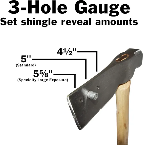 Vista 2 de Hacha de teja para techos con cara de golpe fresada, calibre de exposición de tres posiciones (4½", 5", 5"), ranura para clavos y mango de madera