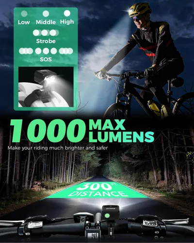 Vista 2 de Luz para casco de bicicleta, recargable por USB, 1000 lúmenes, luces para cascos de bicicleta con 5 modos de iluminación, impermeable