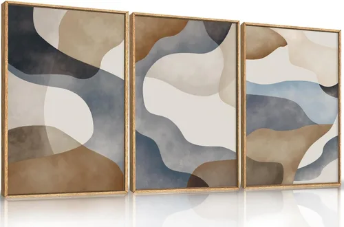 Vista 22 de Lienzo decorativo abstracto grande con marco naranja quemado, decoración de pared azul neutro y negro, arte moderno con pinceladas, impresión