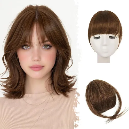 Vista 16 de BARSDAR Flequillo postizo de pelo humano real - Flequillo postizo 100% pelo humano para mujeres - Extensiones de flequillo ondulado castaño rojizo