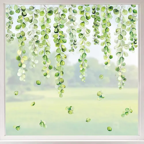 Vista 16 de Whaline 9 hojas de calcomanías florales de San Valentín para ventana, diseño de rosas de primavera, hojas de eucalipto, calcomanías de vidrio