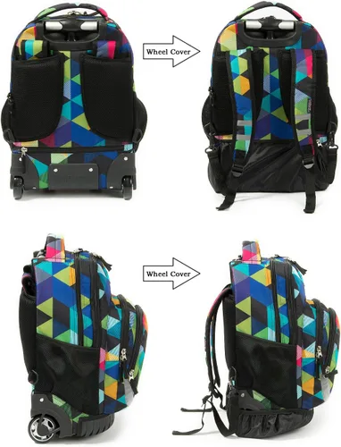 Vista 3 de Tilami Mochila rodante Armadura Equipaje Escuela Libro de Viaje Portátil 18 Pulgadas Mochila con Ruedas Multifunción Estudiantes, Azul geométrico