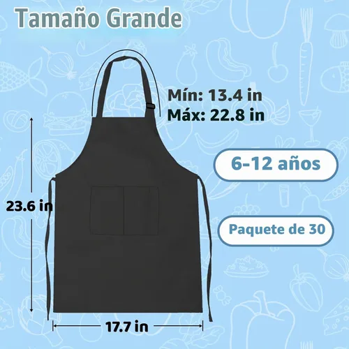 Vista 2 de Paquete de 30 delantales infantiles a granel con bolsillos para 30 unidades de color negro
