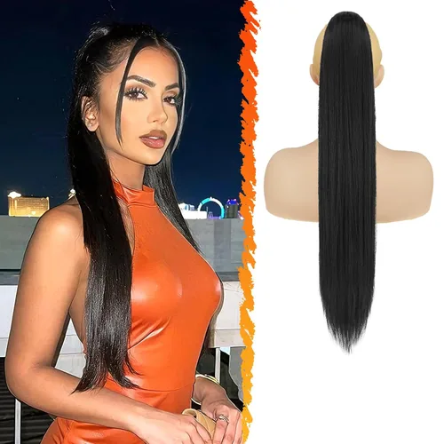 Vista 16 de Barsdar Extensión de cola de caballo marrón oscuro - Extensiones de cola de caballo cortas y rectas de 14 pulgadas con cordón para mujeres