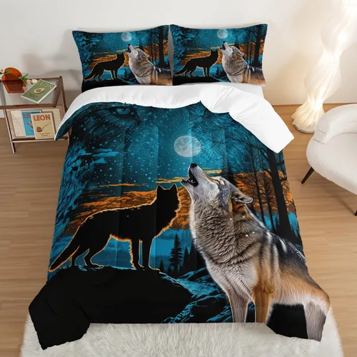 Vista 2 de HOSIMA Edredón de lobo salvaje tamaño individual, ropa de cama con estampado de animales del bosque con 2 fundas de almohada, juego de ropa de cama