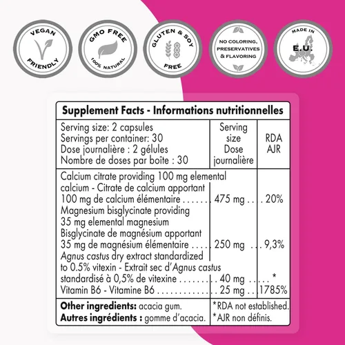 Vista 3 de SuperSmart - Comodidad premenstrual (fórmula avanzada) - Suplemento Vitex Chasteberry para mujeres - Vitex Agnus-Castus y vitamina B6 Sin OMG