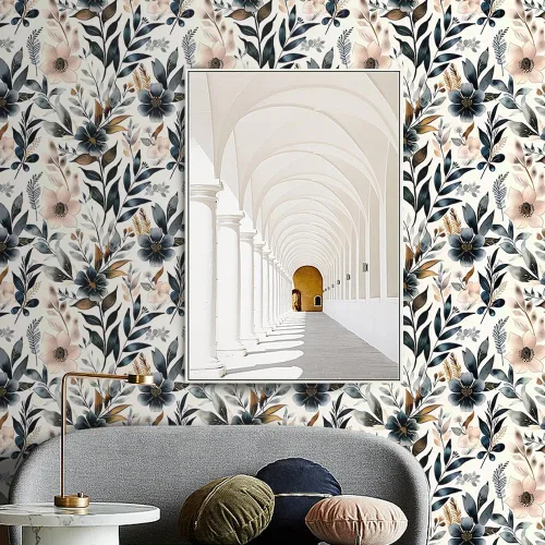 Vista 2 de Papel tapiz floral azul oscuro y rosa para despegar y pegar, papel tapiz vintage de hojas, fácil de despegar, autoadhesivo, extraíble, para armario