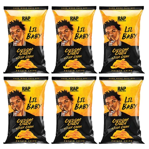 Vista 3 de Rap Snacks Lil Baby - Queso cheddar + papas fritas de crema agria, bolsas de 2.5 onzas, paquete de 6