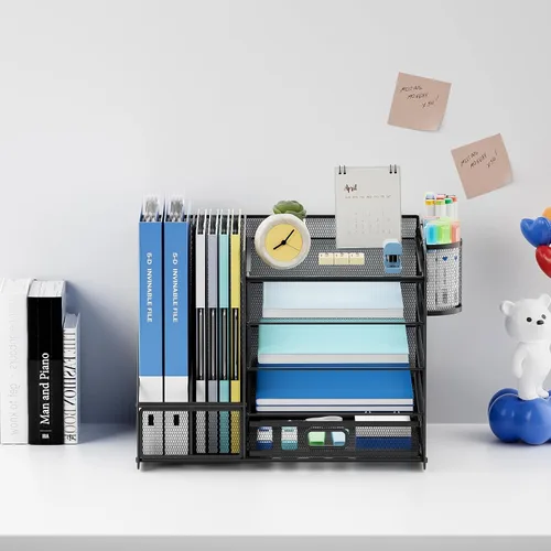 Vista 2 de Lavatino Organizador de escritorio con soporte para archivos, organizador de bandeja de papel de 5 niveles con cajón deslizante y 2 soportes