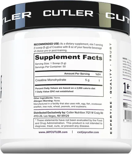 Vista 3 de Cutler Nutrition Monohidrato de creatina pura, 0.18 onzas por porción, 50 porciones, mejorador muscular de primera calidad que mejora el rendimiento
