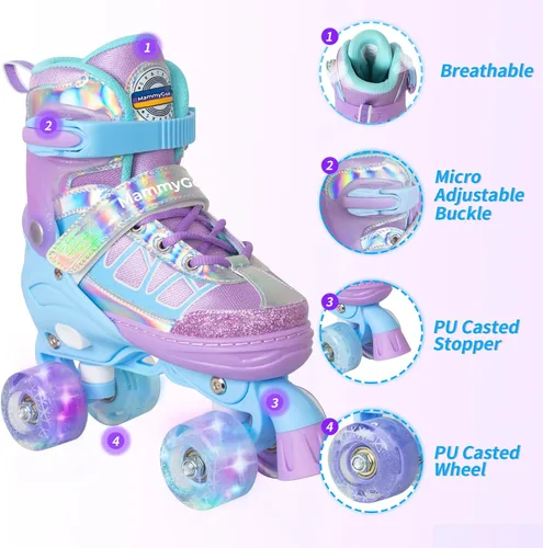 Vista 3 de MammyGol Roller Skates for Kids Boys Girls, Adjustable Quad Skates with Light Up Wheels for Toddler Little Kids Ages 6-12, Beginners Outdoor Sports