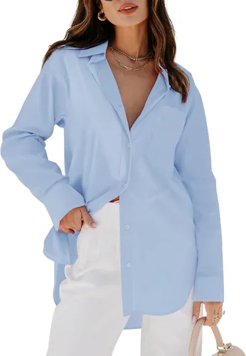 Vista 20 de siliteelon Camisas de vestir con botones para mujer, blusas de manga larga, cuello en V, lisas, casuales, con bolsillos