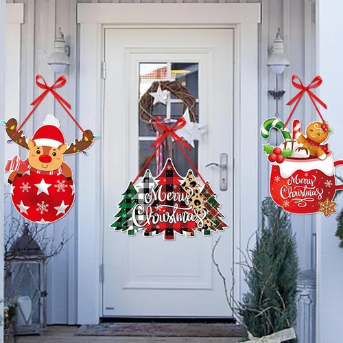 Vista 4 de Cartel de Navidad para puerta delantera de porche, decoración de Navidad en rojo y verde, carteles de papel para fiesta, carteles, árboles, alces