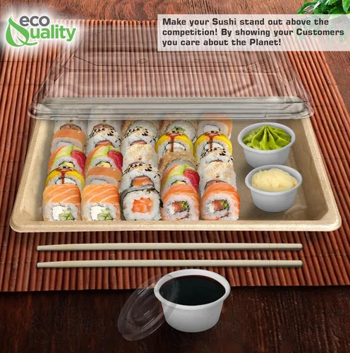 Vista 9 de Bandejas grandes compostables para sushi con tapas, contenedor de sushi natural de caña de azúcar, biodegradable, plato de sushi desechable