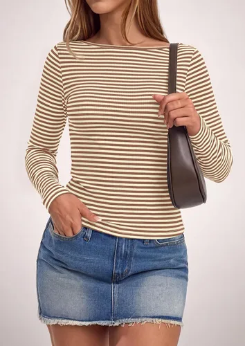 Vista 8 de PRETTYGARDEN Camisas de manga larga a rayas para mujer, tops lindos de Rayas Beige Marrón