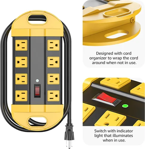 Vista 4 de CCCEI Regleta de alimentación resistente con protector contra sobretensiones, regleta de alimentación de metal de 8 tomas para electrodomésticos.