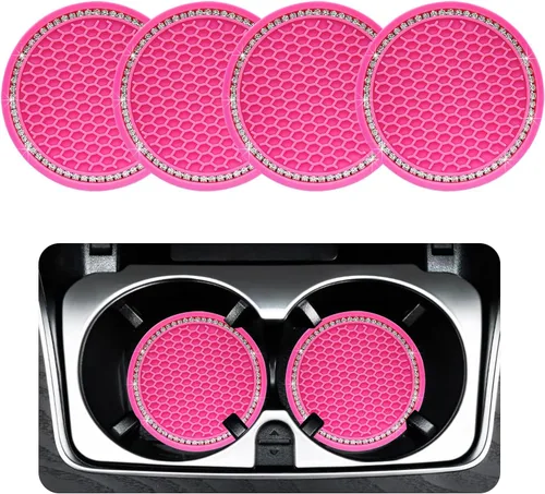 Vista 21 de Ziciner Paquete de 4 posavasos brillantes para automóvil, portavasos de goma suave con cristal, tapete antideslizante con diamantes de imitación