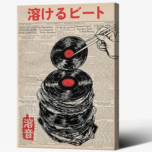 Vista 8 de Discos de vinilo vintage, arte de pared, póster de música retro japonesa Ukiyo-E asiática, impresiones de imágenes musicales estéticas, pintura