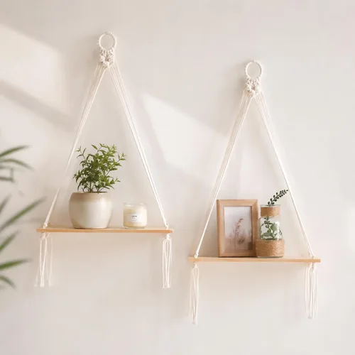 Vista 16 de Artilady Paquete de 2 estantes de madera para colgar en la pared, estantes flotantes bohemios, estante de plantas de macramé blanco, estante