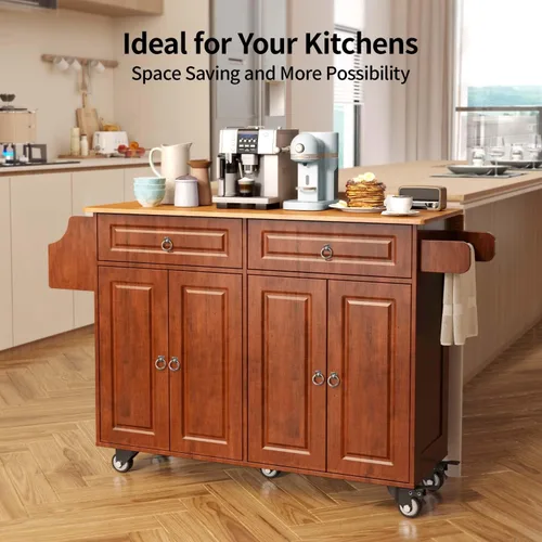 Vista 2 de Aiho Carrito de isla de cocina con almacenamiento, carritos móviles de 52 pulgadas con mesa de cocina rodante con toallero, estante de especias