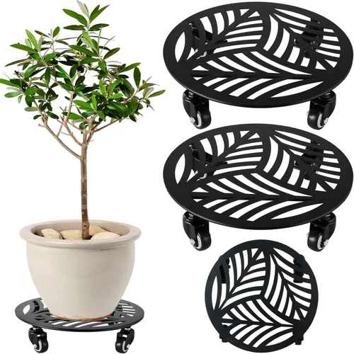 Vista 12 de 1 paquete de 30 cm de gran organizador de plantas de metal con 3 ruedas de PU metálicas, soporte rodante para plantas con ruedas para interiores