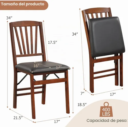 Vista 3 de COSTWAY Juego de 2 sillas de comedor plegables de madera maciza con asiento Marrón y listón